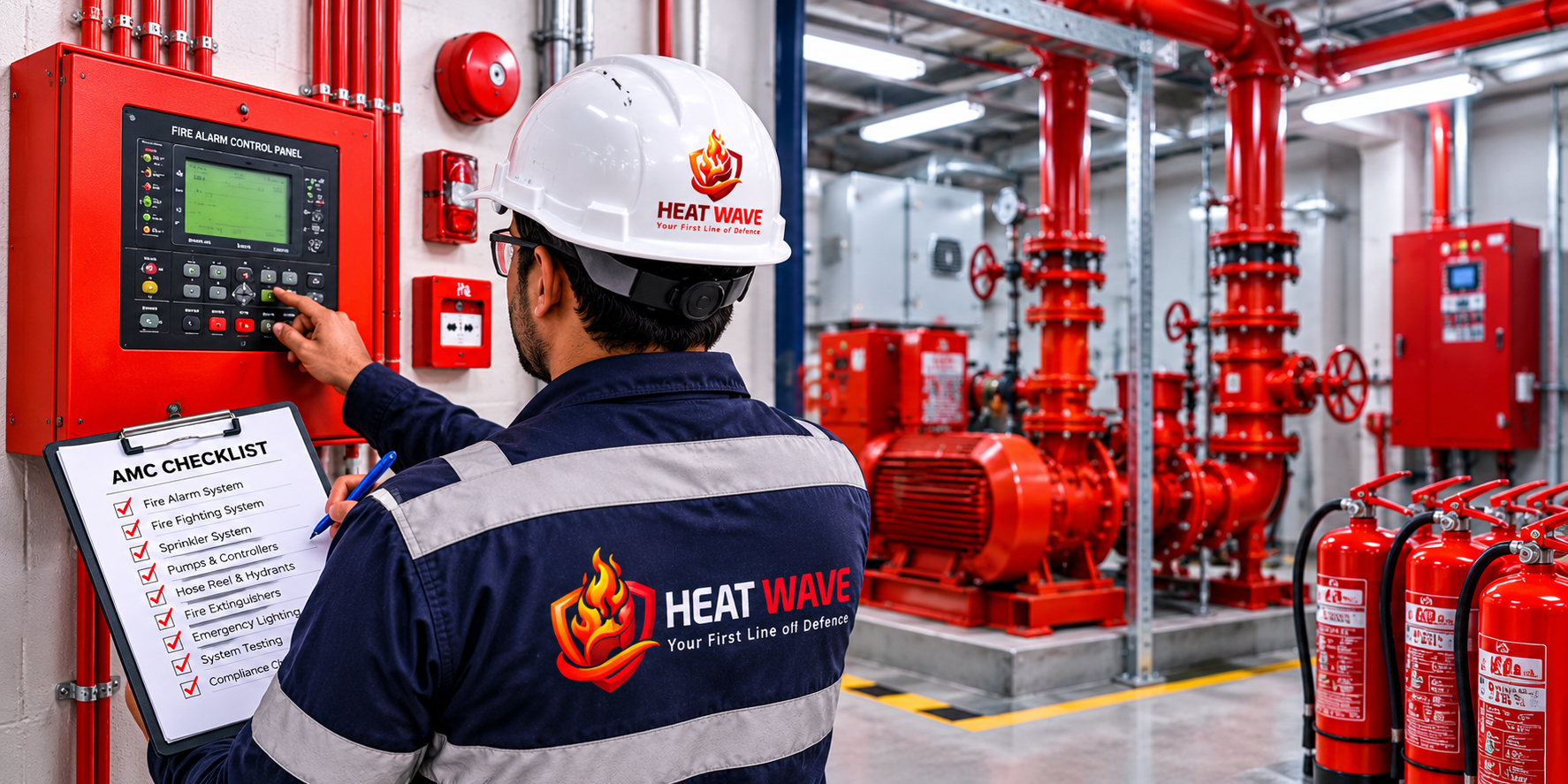 Fire alarm and firefighting equipment being inspected under an annual maintenance contract